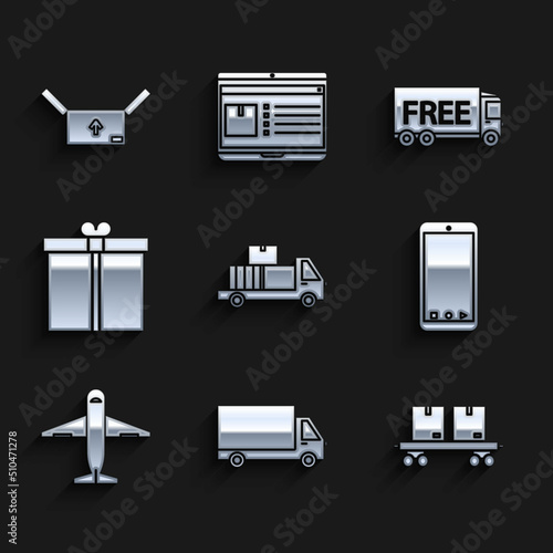 Set Delivery truck with cardboard boxes, cargo vehicle, Railway carriage, Mobile phone app delivery tracking, Plane, Gift, Free service and Cardboard traffic symbol icon. Vector