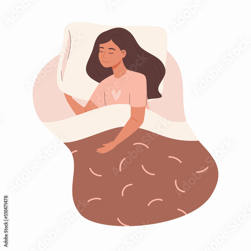 Hand drawn illustration of young woman sleeping in bed at night