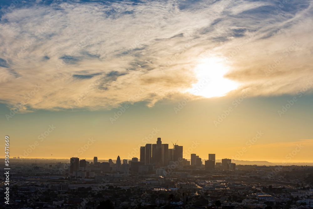 Sunset view of the Los Angeles downtown cityscape