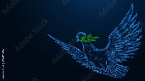 A flying pigeon with a twig in its beak. A symbol of faith and hope. Polygonal design of lines and dots. Blue background.