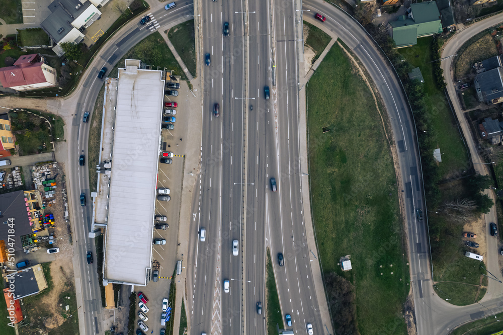Capital city round about and juncture roads from aerial perspective in urban environment Capital city round about and juncture roads from aerial perspective in urban environment