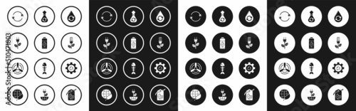 Set Recycle clean aqua, Recycling plastic bottle, Electric saving plug leaf, Light bulb with, Garbage bag recycle, symbol and gear and Wind turbine icon. Vector