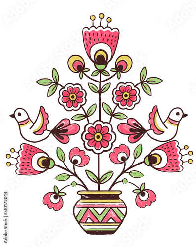 Vector pattern design in the styles of Ukrainian folk traditional embroidery tree of life. Hand draw flowers elements, foliage and birds