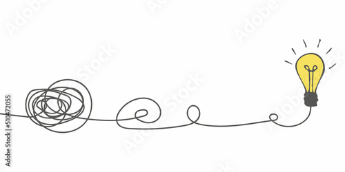 The way to solve a complex idea. The concept of confusion turning into a light bulb. Untangle the curve. Understand the meaning. Doodle vector illustration