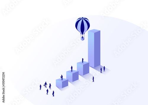 Vector illustration of an increasing bar chart and a hot air balloon rising. Business concept of hyper growth in a business or market. 3d isometric illustration of a workforce from a bird's eye view. 