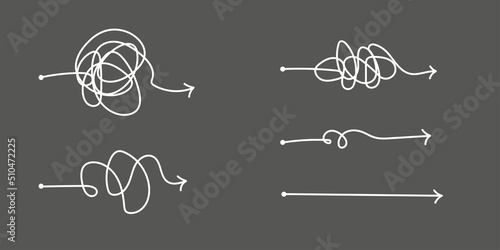 The way to solve a complex idea. Process of understanding. Lines of chaotic doodles with an arrow. Clarity of thought, brainstorming. Doodle vector illustration
