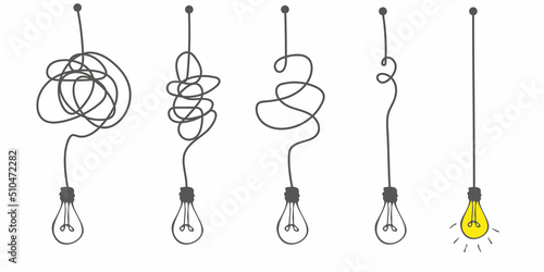 The way to solve a complex idea. The concept of confusion turning into a light bulb. Clarity of thought, brainstorming. Understand the meaning. Doodle vector illustration