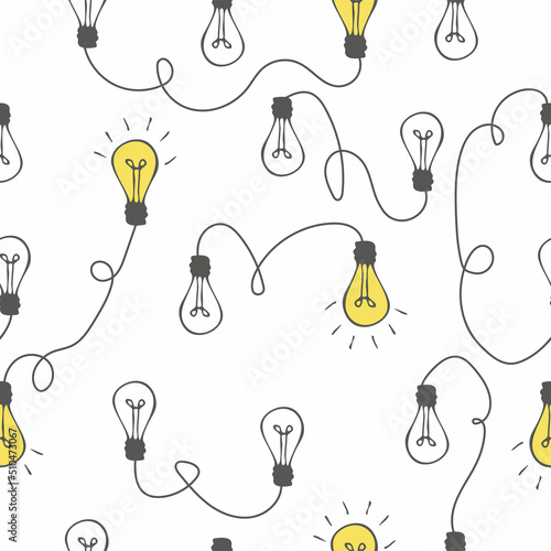 The way to solve a complex idea. Light bulbs and lines, chaotic thoughts seamless pattern. Doodle vector illustration