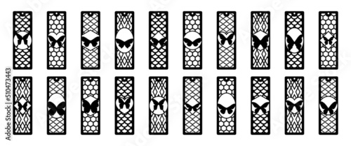 Set of vertical bookmarks with butterfly. Template for plotter laser cutting of paper, metal engraving, wood carving, cnc. Vector illustration