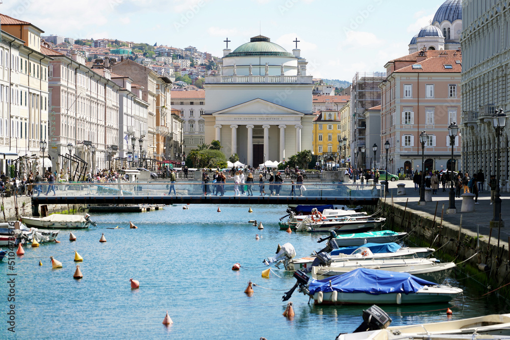 Borgo Teresiano with Grand Canal and the Church of Sant'Antonio Taumaturgo in Trieste, Italy