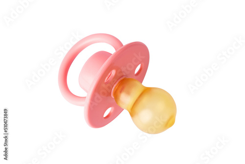 Orthodontic pacifier isolated on white. Pink baby pacifier isolated on white background