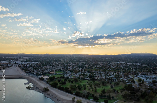 Sunset aerial landscape around Peck Road Park Lake