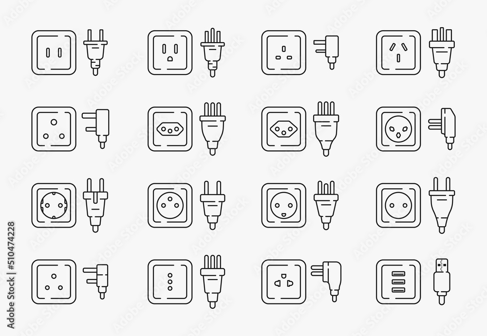 power outlet plug world standards line icons set vector flat illustration