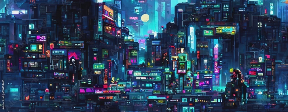 Cyberpunk neon city night. Futuristic city scene in a style of pixel art.  80's wallpaper. Retro future 3D illustration. Urban scene. Stock  Illustration