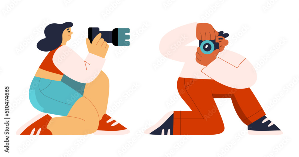 Naklejka premium Male and female photographers sit in funny positions and take pictures with cameras. World photography day. Flat hand drawn cartoon vector illustration
