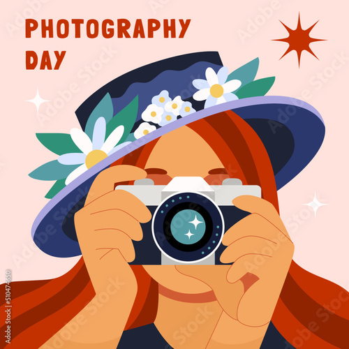 Girl taking a photo. Redheaded female photographer shooting with a camera and hat decorated with flowers. World photography day. Flat hand drawn cartoon vector illustration