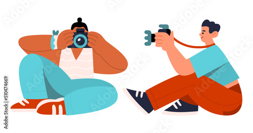 Photographers sit in funny positions and take pictures with cameras. World photography day. Flat hand drawn cartoon vector illustration