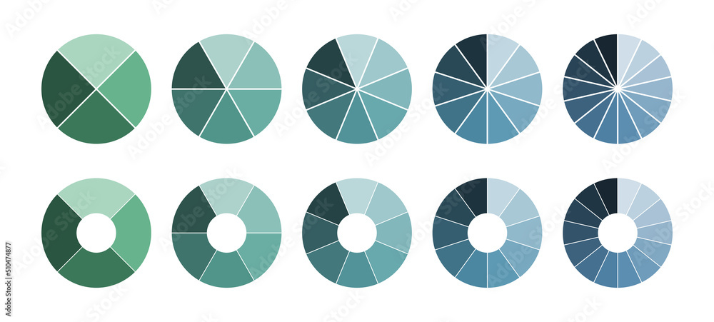 Set of pie chart diagrams. Circles cut on 4, 6, 8, 10 and 14 slices with empty and filled middle. Shades of green and blue gradient on white background, simple flat design.