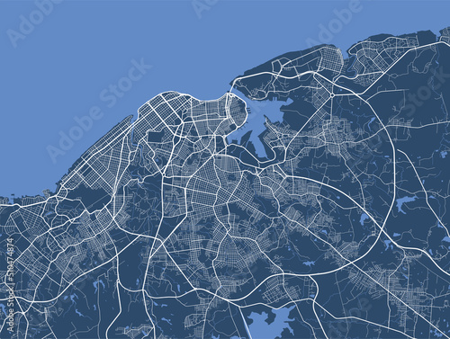 Detailed vector map poster of Havana city, linear print map. Blue skyline urban panorama.