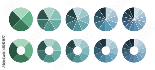 Obraz na płótnie Set of pie chart diagrams. Circles cut on 4, 6, 8, 10 and 14 slices with empty and filled middle. Shades of green and blue gradient on white background, simple flat design. w salonie