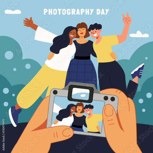 Photographer takes picture of three friends. Hands, camera screen, cheerful girls posing. World photography day. Flat hand drawn cartoon vector illustration