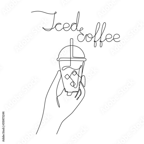 Single line drawing of a hand holding a cup of iced coffee. Clear plastic cup with sphere dome cap. Calligraphic inscription. Template for print, card, menu, logo, poster. Sketch, line art. Minimalism