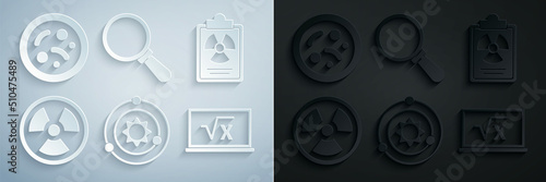 Set Solar system, Radiation warning document, Radioactive, Square root of x glyph, Magnifying glass and Bacteria icon. Vector