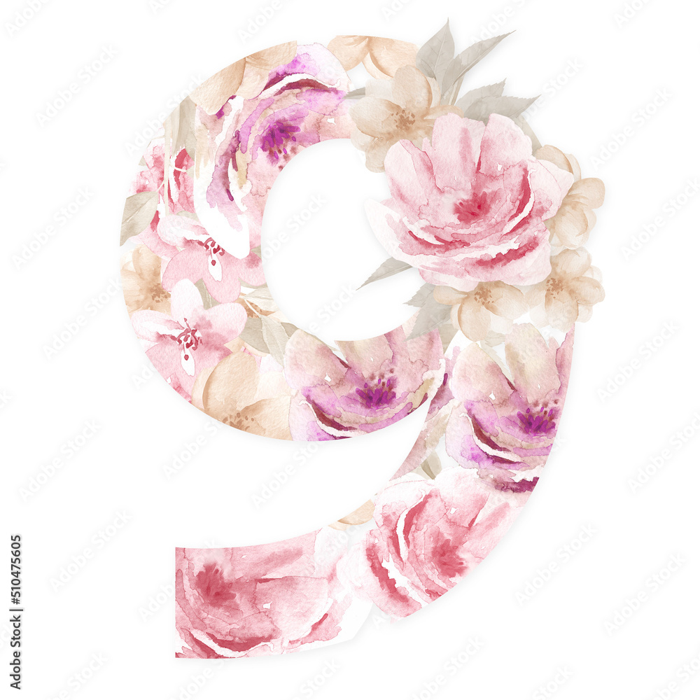 Number 9 Floral Alphabet Design Watercolour Flower number Nine isolated