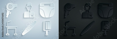 Set Nail file pet, Diaper for dog, Pet grooming table, Hair brush and cat, Veterinarian doctor and dryer icon. Vector