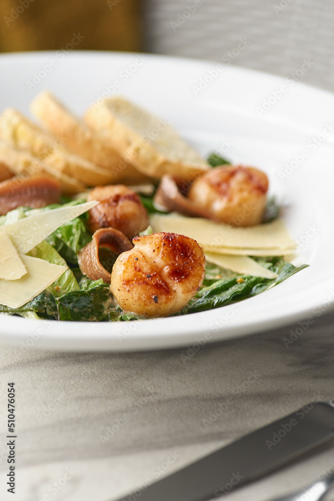 Fried Sea Scallop with White Sauce on Elegant Restaurant Plate Isolated on White Background. Gourmet Clams Meat with Fresh Lettuce Leaves Fried Sea Scallop with White Sauce on Elegant Restaurant Plate Isolated on White Background. Gourmet Clams Meat with Fresh Lettuce Leaves