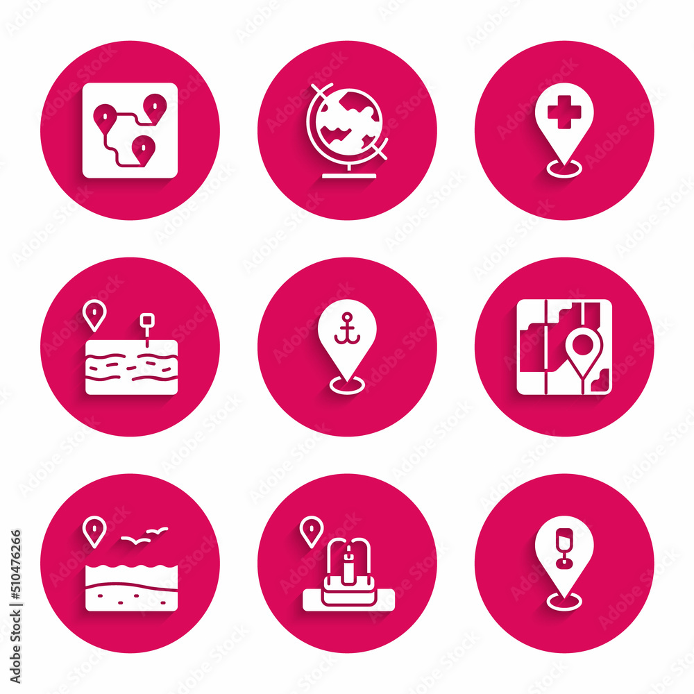 Set Location with anchor, fountain, Alcohol beer bar location, City map navigation, beach, Broken road, Medical cross and Route icon. Vector Set Location with anchor, fountain, Alcohol beer bar location, City map navigation, beach, Broken road, Medical cross and Route icon. Vector
