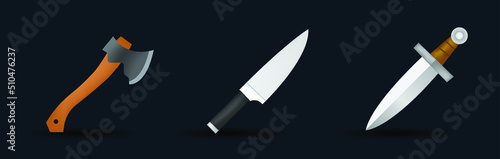 Sword, knife and axe emoji vector illustration isolated on background. Emoji set. 3d illustration.