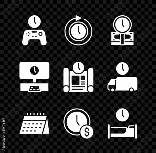 Set Gamepad of time, Clock with arrow, Time is money, Calendar, to sleep, Smart Tv and Project plan icon. Vector