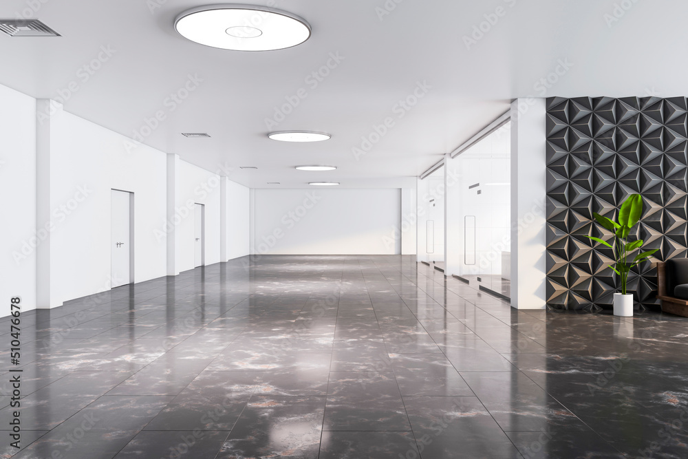 Modern spacious office hall with white ceiling and doors, dark marble floor, green plant tree in white pot and glass walls in separate parlors. 3D rendering Modern spacious office hall with white ceiling and doors, dark marble floor, green plant tree in white pot and glass walls in separate parlors. 3D rendering