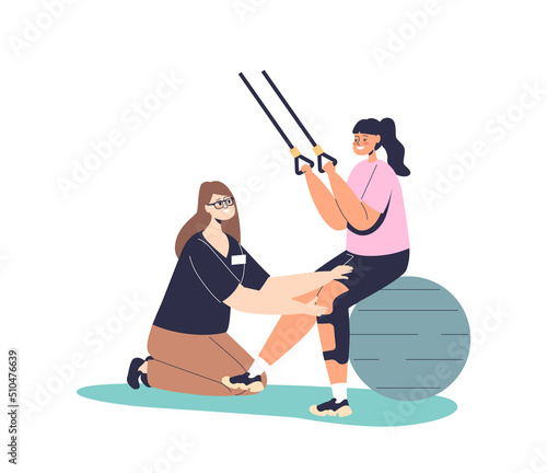 Young woman in medical rehabilitation physical therapy. Girl in recovery do exercises with ball