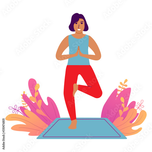 Woman standing in tree pose yoga.Female practicing yoga hand drawn.Girl in yoga Vrikshasana asana.Character cartoon vector illustration.