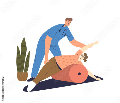Woman exercising with roller for rehabilitation and recovery. Male doctor helping girl to recover