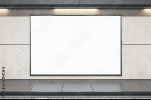 Front view on blank white banner with place for your logo or text in empty subway area with grey floor. 3D rendering, mock up