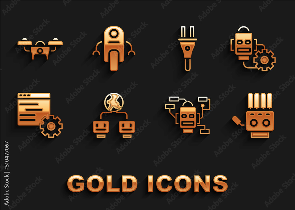 Set Artificial intelligence, Robot setting, Mechanical robot hand, Computer api interface, Electric plug, Drone and icon. Vector Set Artificial intelligence, Robot setting, Mechanical robot hand, Computer api interface, Electric plug, Drone and icon. Vector