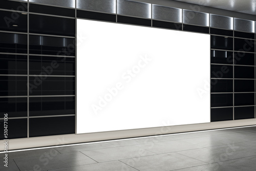 Perspective view on blank white illuminated billboard with place for your logo or text on abstract business center corridor background with black glossy wall. 3D rendering, mockup photo