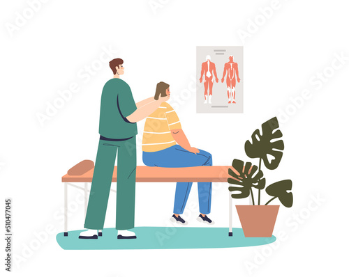 Male chiropractor make rehabilitation massage of neck to female patient. Doctor osteopath practicing
