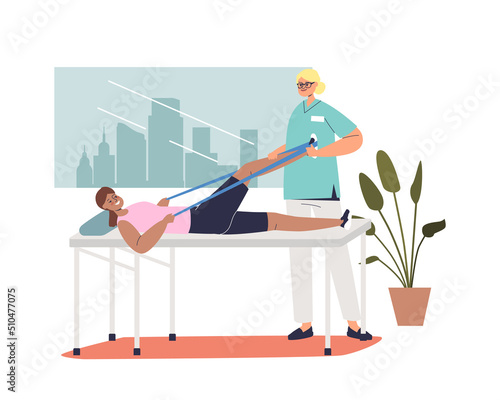 Patient at physical rehabilitation with physiotherapist. Woman exercising with band after leg injury