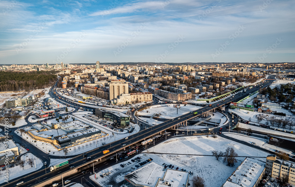 aerial view of a vilnius city panorama in winter with round about
