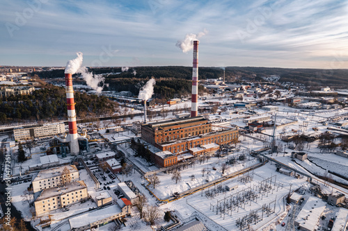 aerial view of the industrial heating infrastructure view in vilnius city in winter, lithuania