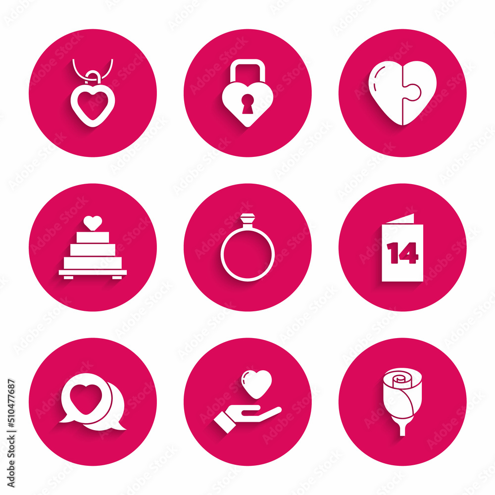 Set Diamond engagement ring, Heart hand, Flower rose, Greeting card, speech bubble, Wedding cake with heart, and Necklace shaped icon. Vector Set Diamond engagement ring, Heart hand, Flower rose, Greeting card, speech bubble, Wedding cake with heart, and Necklace shaped icon. Vector