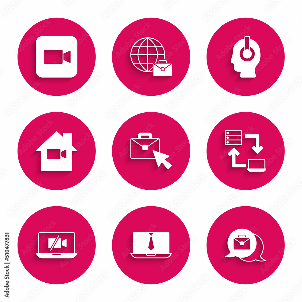 Set Online working, Video chat conference, camera Off laptop, home, Freelancer and Camera icon. Vector Set Online working, Video chat conference, camera Off laptop, home, Freelancer and Camera icon. Vector