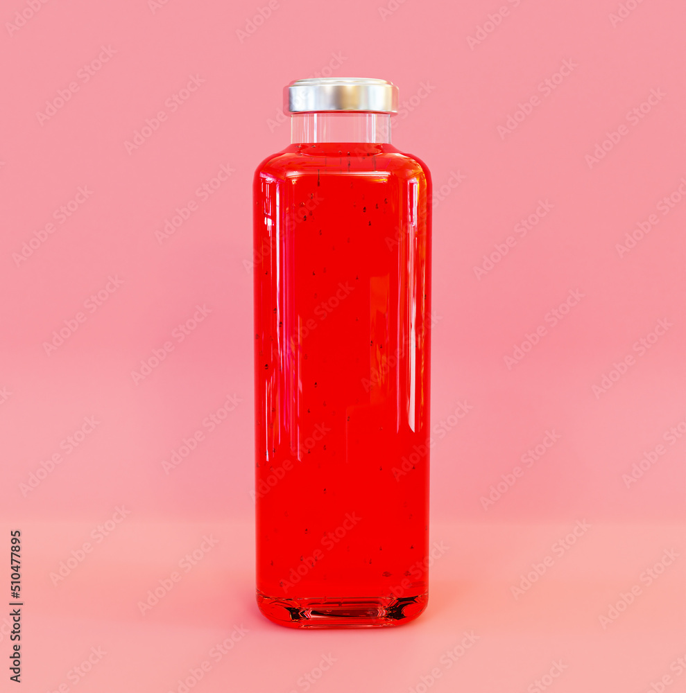 Fresh strawberry juice in glass bottle with pink background 3D illustration.