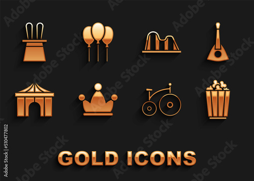 Set Jester hat with bells, Balalaika, Popcorn in box, Vintage bicycle, Circus tent, Roller coaster, Magician and rabbit ears and Balloons ribbon icon. Vector