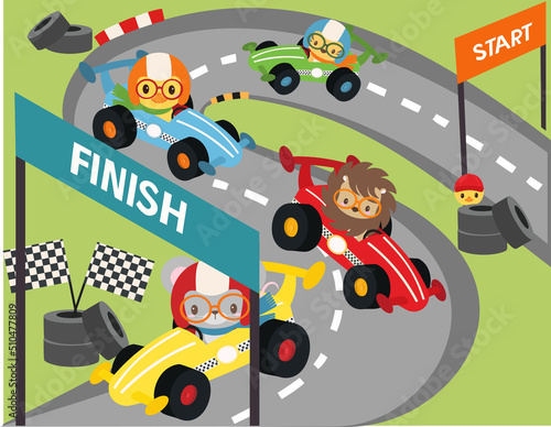 Animal racing game. Duck, tiger, lion and mouse are racing on the race track in their racecars to finish first