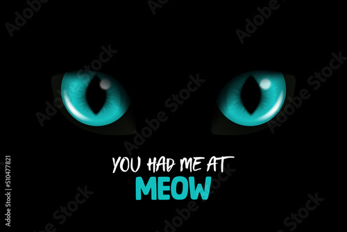 You Had Me At Meow. Vector 3d Realistic Blue Glowing Cats Eyes of a Black Cat. Cat Look in the Dark Black Background Closeup. Glowing Cat or Panther Eyes